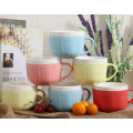 Haonai color glazed 480ml big round belly coffee mug,embossed ceramic coffee mug